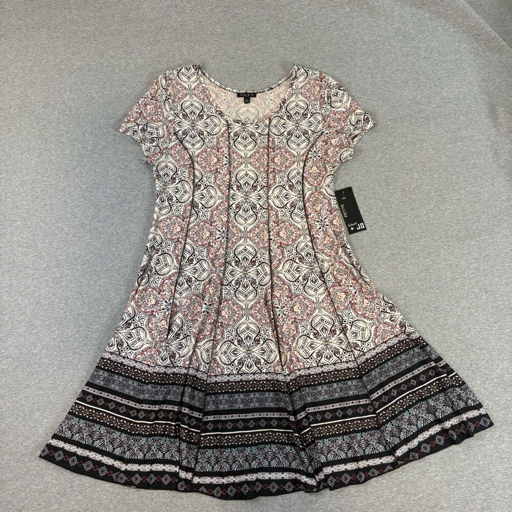 NWT Sami & Jo Petite Dress PL Boho Border Print Swing‎ Fit Flare Stretch Midi
